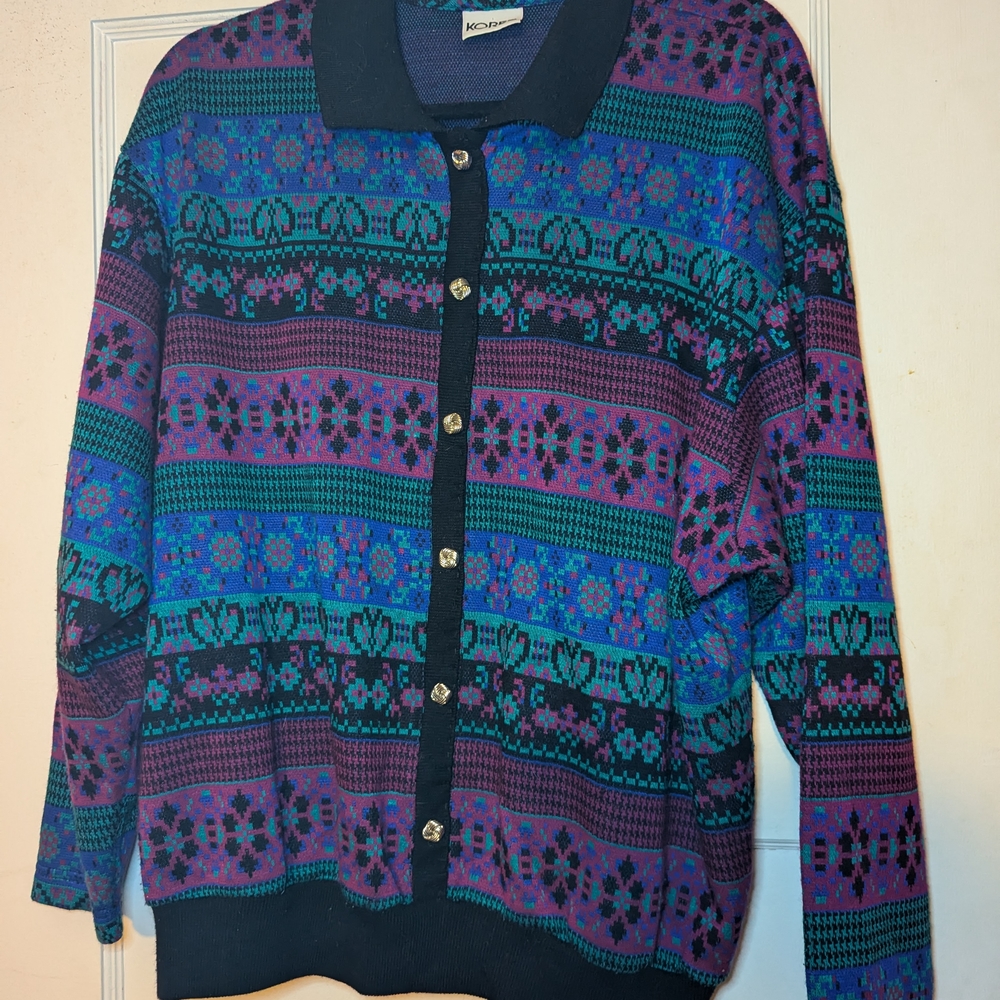Vintage 90s Collared Cardigan - Black, Purple, Blue, Teal - Cozy Goth